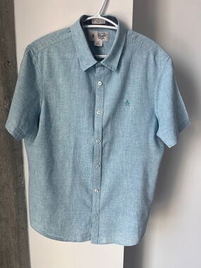 Original Penguin Men’s Short-Sleeve Blue Button-Down Shirt Size L Linen/cotton